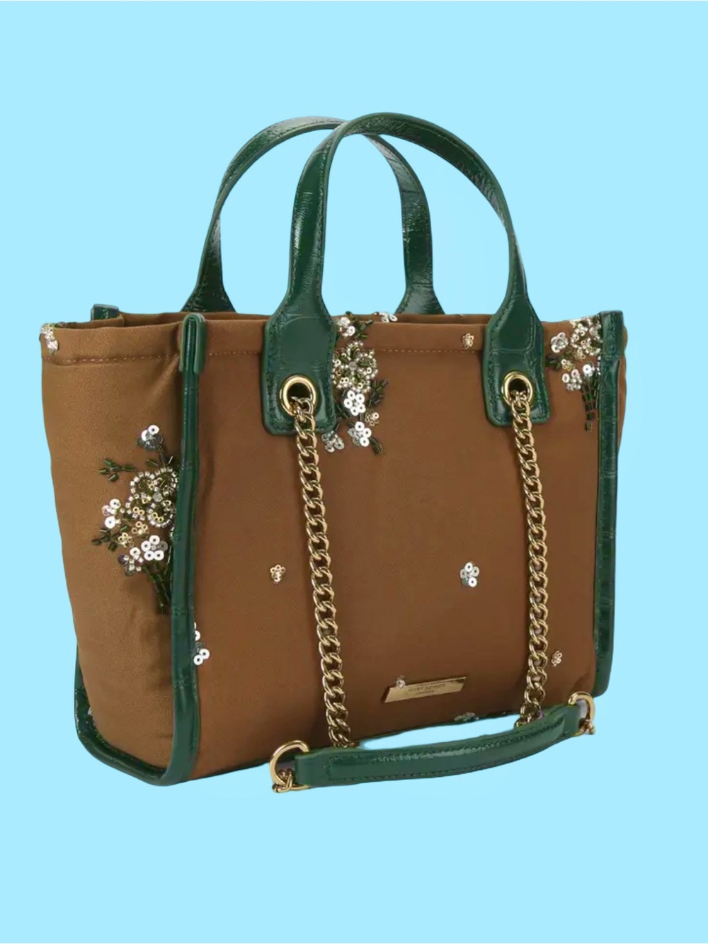 Kurt Geiger Embellished Brown Satchel with Green Trim and Gold Chain - Picture 4 of 4